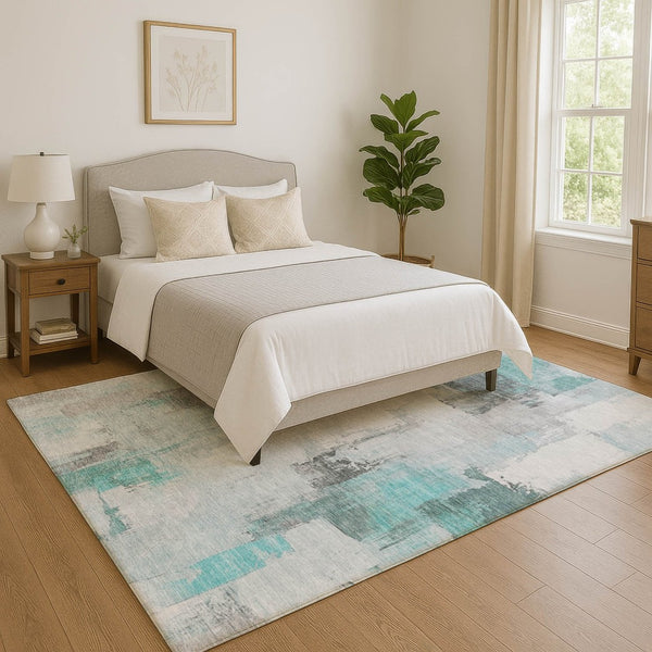 HomeRoots 10' X 14' Teal Gray Ivory Abstract Area Rug - Washable, UV-Protected, Stain-Resistant Design for Homes 709684