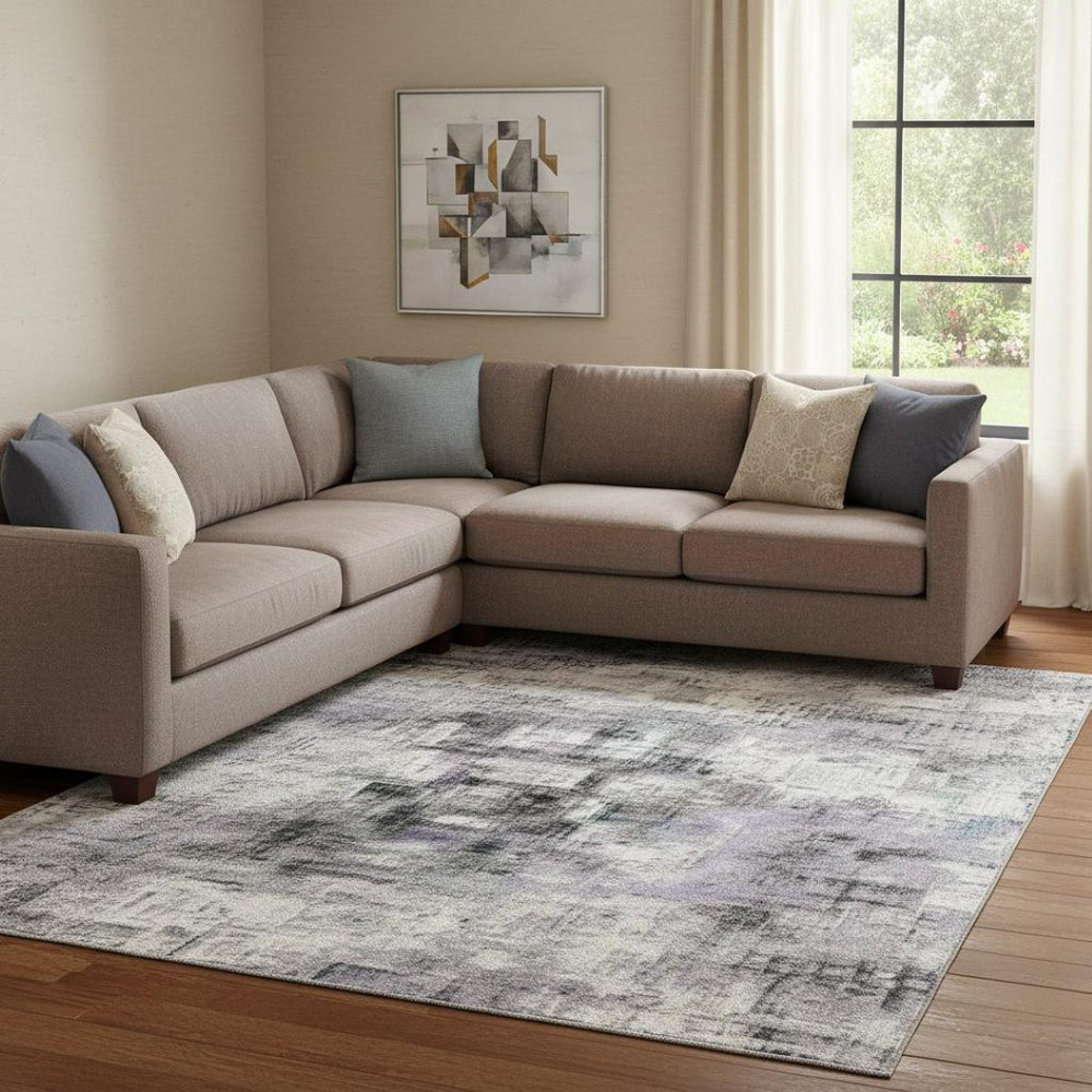 HomeRoots 9' X 12' Abstract Lavender Gold Charcoal Area Rug - Washable, UV Protected, Stain Resistant Design 709689
