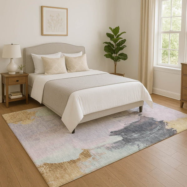 HomeRoots 10' Contemporary Lavender Gold Charcoal Abstract Area Rug - Washable, UV Protected & Stain Resistant 709690