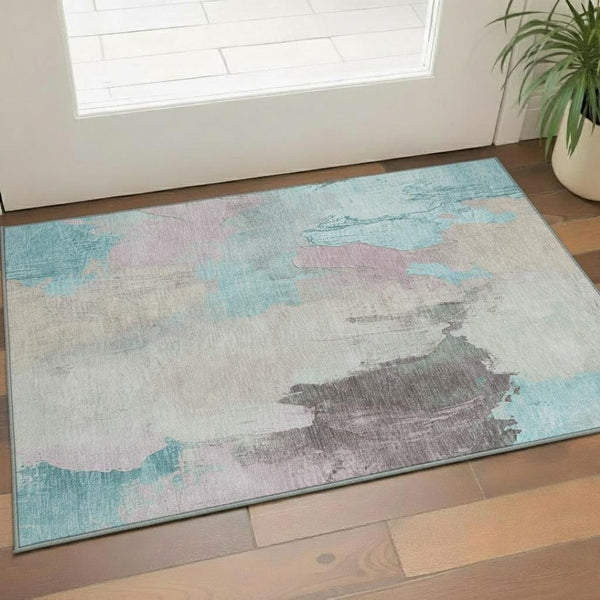 HomeRoots 5' X 8' Washable Abstract Area Rug in Teal, Beige & Gray – UV Protected, Durable & Stylish for Homes 709692