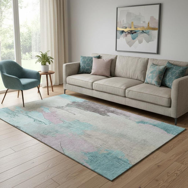 HomeRoots 8' Teal Beige and Gray Abstract Washable Round Rug - Durable, UV-Protected & Easy-Clean Design! 709693