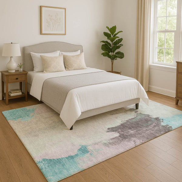 HomeRoots 8' Teal Beige and Gray Abstract Washable Round Rug - Durable, UV-Protected & Easy-Clean Design! 709693