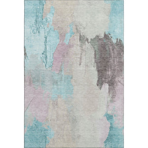 HomeRoots 8' Teal Beige and Gray Abstract Washable Round Rug - Durable, UV-Protected & Easy-Clean Design! 709693