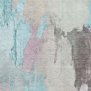 HomeRoots 8' Teal Beige and Gray Abstract Washable Round Rug - Durable, UV-Protected & Easy-Clean Design! 709693