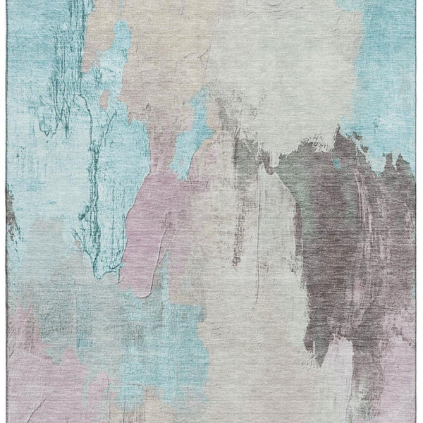 HomeRoots 8' Teal Beige and Gray Abstract Washable Round Rug - Durable, UV-Protected & Easy-Clean Design! 709693