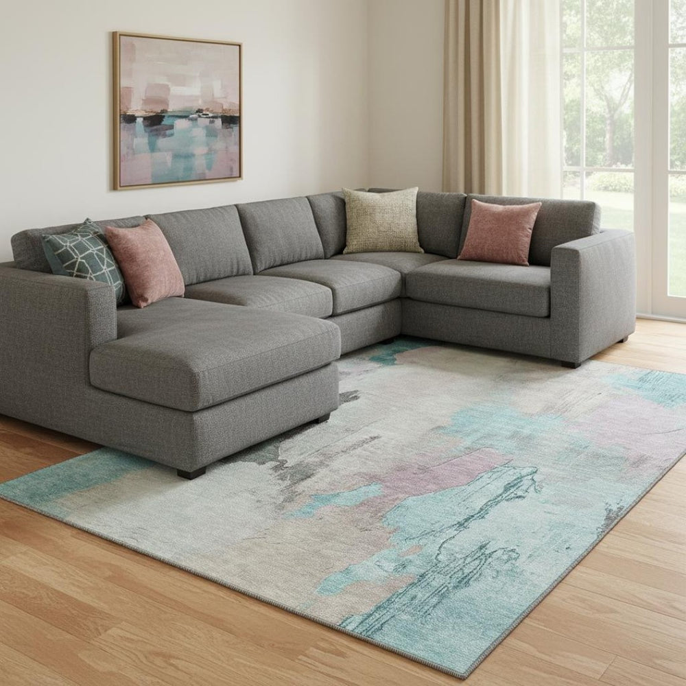 HomeRoots 9' X 12' Teal Beige Gray Abstract Area Rug - Washable, UV Protected, Stylish & Durable for Homes 709695