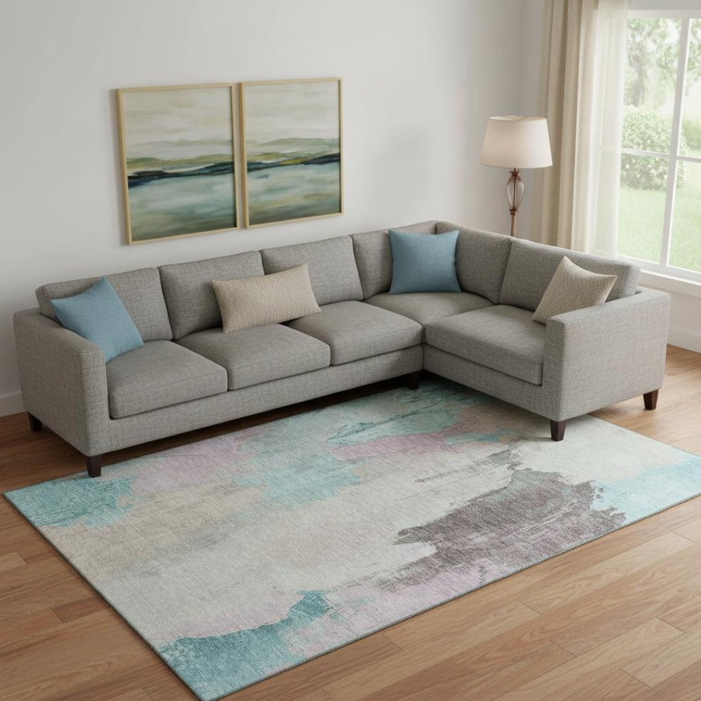 HomeRoots 10' Abstract Teal Beige & Gray Washable Area Rug – UV Protected, Stain-Resistant, Modern Design 709696