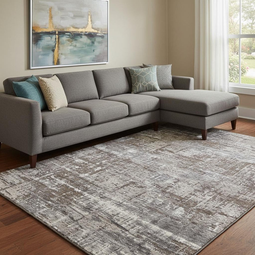 HomeRoots 9' Contemporary Brown Taupe & Gray Geometric Area Rug - Washable, UV-Protected, Stain-Resistant! 709701