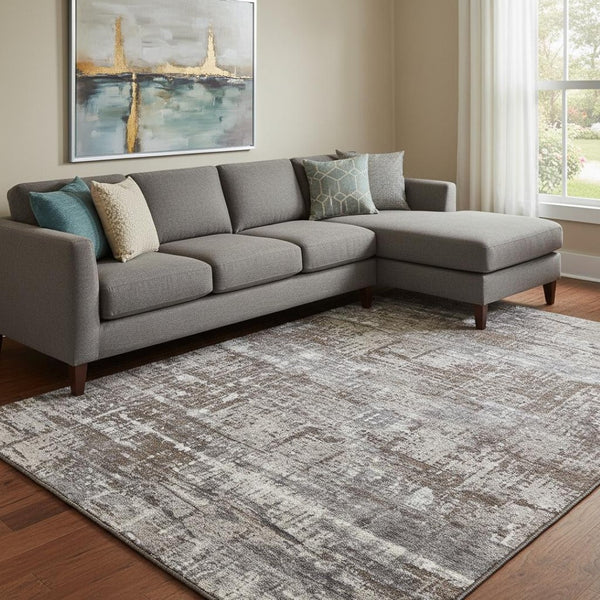 HomeRoots 9' Contemporary Brown Taupe & Gray Geometric Area Rug - Washable, UV-Protected, Stain-Resistant! 709701