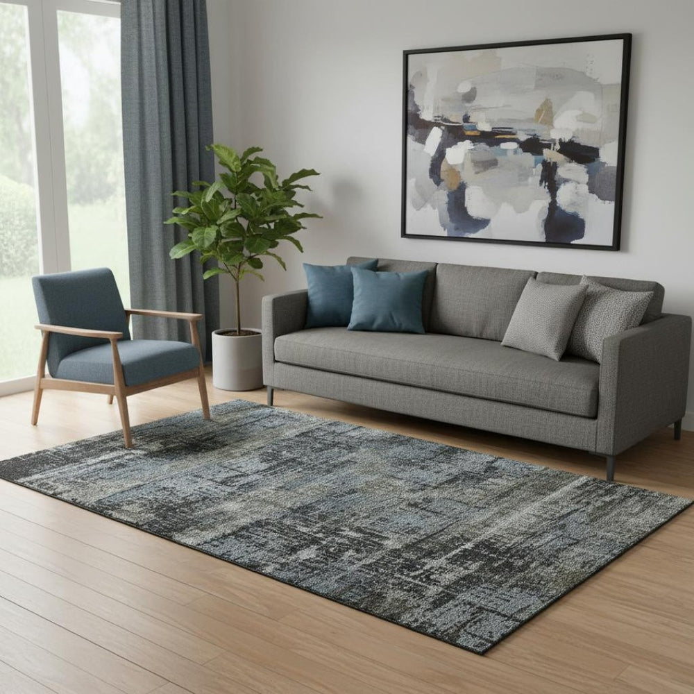 HomeRoots 8' Charcoal Gray & Taupe Geometric Washable Round Rug - Durable, UV-Protected, Modern Style for Homes 709705