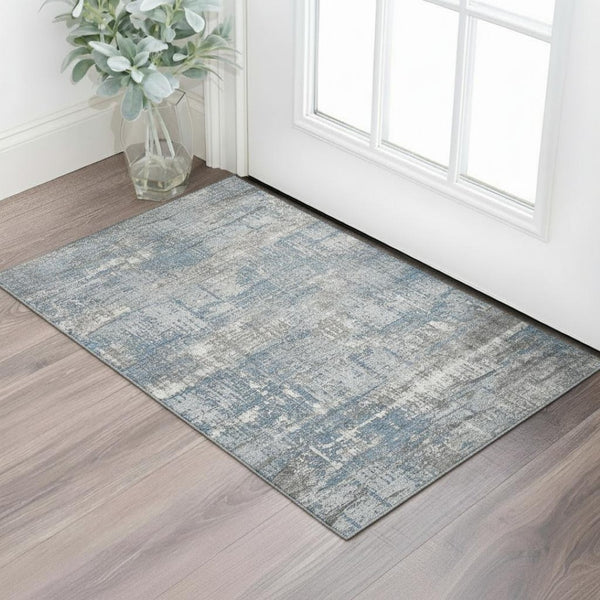 HomeRoots 5' X 8' Denim Blue Gray Ivory Geometric Area Rug - Washable, UV-Protected & Non-Slip Design Ideal for Homes 709710