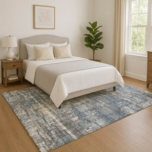 HomeRoots 5' X 8' Denim Blue Gray Ivory Geometric Area Rug - Washable, UV-Protected & Non-Slip Design Ideal for Homes 709710