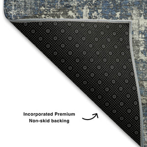 HomeRoots 5' X 8' Denim Blue Gray Ivory Geometric Area Rug - Washable, UV-Protected & Non-Slip Design Ideal for Homes 709710