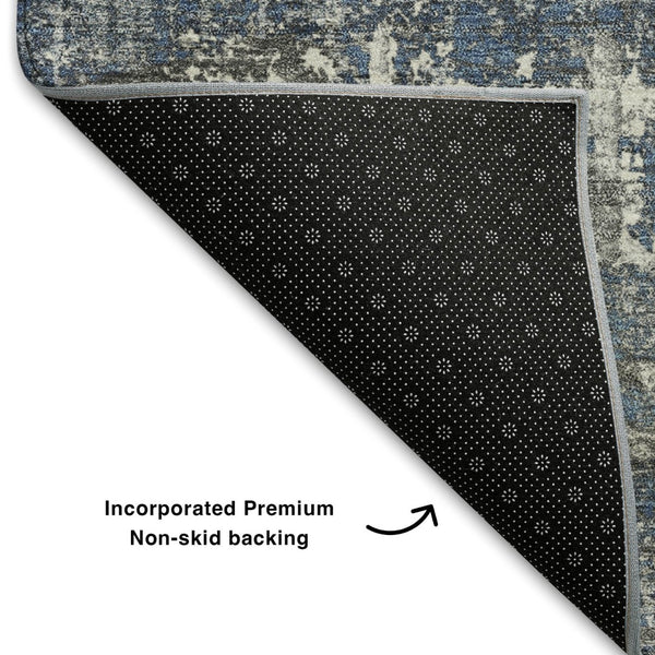 HomeRoots 5' X 8' Denim Blue Gray Ivory Geometric Area Rug - Washable, UV-Protected & Non-Slip Design Ideal for Homes 709710