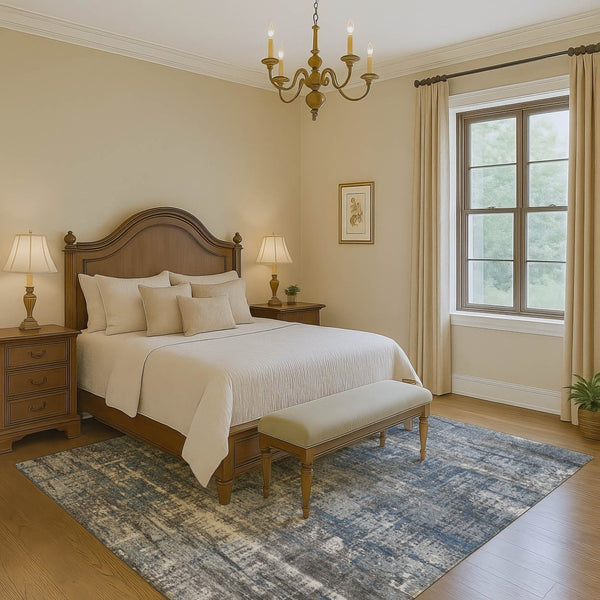 HomeRoots 5' X 8' Denim Blue Gray Ivory Geometric Area Rug - Washable, UV-Protected & Non-Slip Design Ideal for Homes 709710