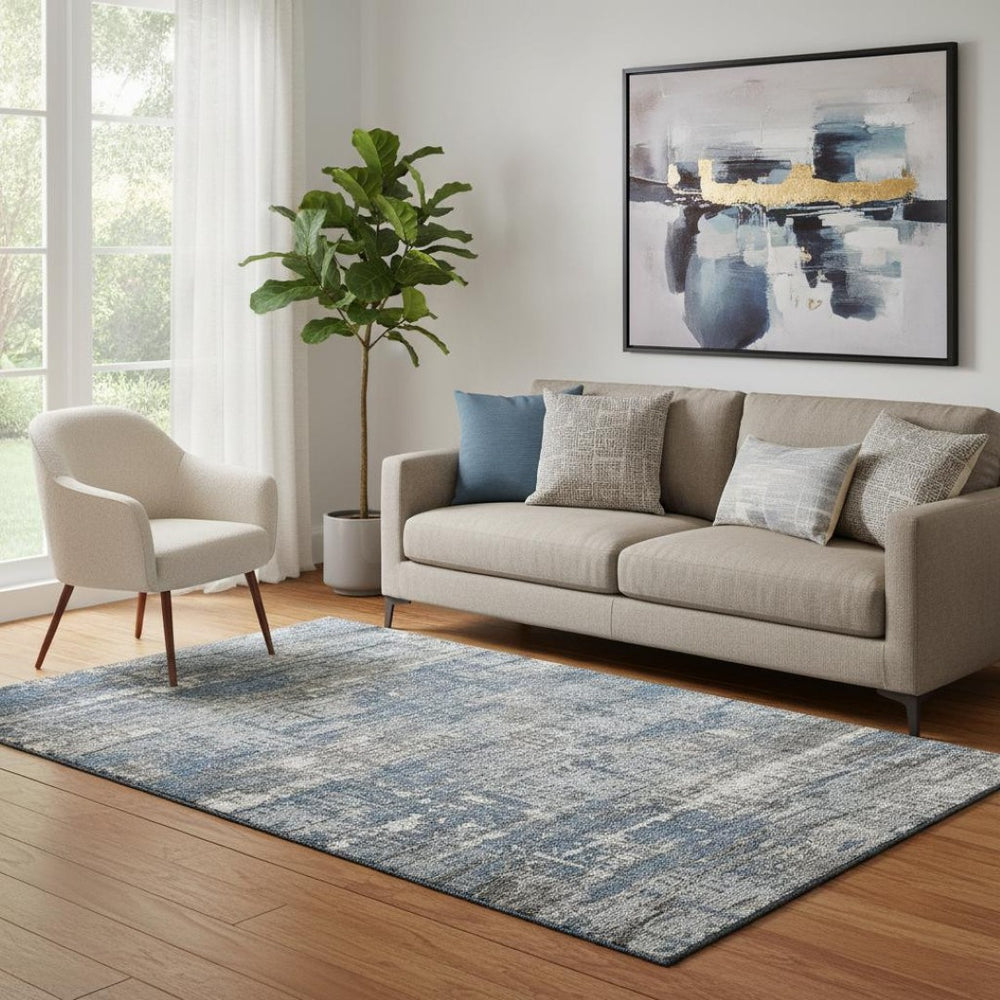HomeRoots 8' Stylish Denim Blue, Gray & Ivory Geometric Washable Round Rug with UV Protection & Durability 709711
