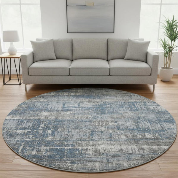 HomeRoots 8' X 10' Geometric Washable Area Rug in Denim Blue, Gray & Ivory - UV Protected & Pet-Friendly Decor 709712