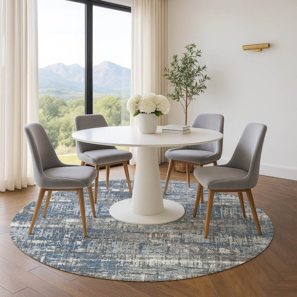 HomeRoots 8' X 10' Geometric Washable Area Rug in Denim Blue, Gray & Ivory - UV Protected & Pet-Friendly Decor 709712