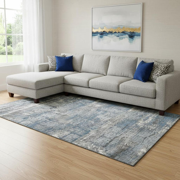 HomeRoots 9' X 12' Stylish Denim Blue Gray Ivory Washable Area Rug - Durable, UV-Protected & Family-Friendly 709713
