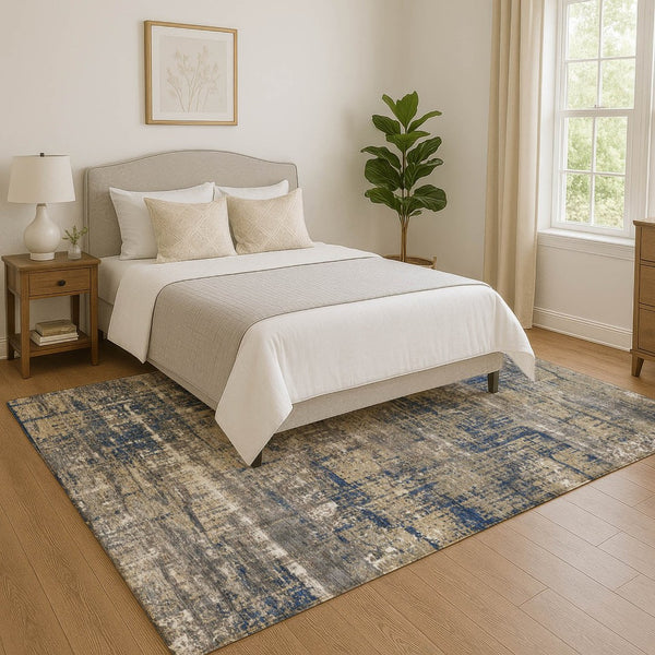 HomeRoots 5' X 8' Washable Navy Blue Geometric Area Rug with UV Protection – Durable, Stylish & Easy Care! 709716