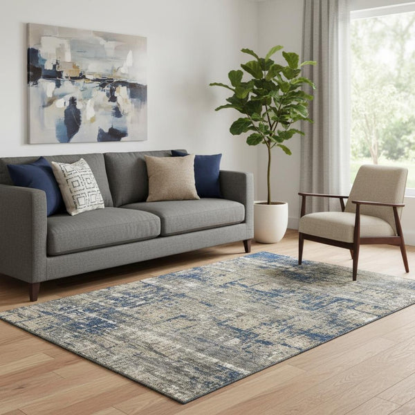 HomeRoots 8' Stylish Navy Blue Geometric Round Rug - Washable, UV-Protected, Non-Slip, Perfect for Any Space! 709717