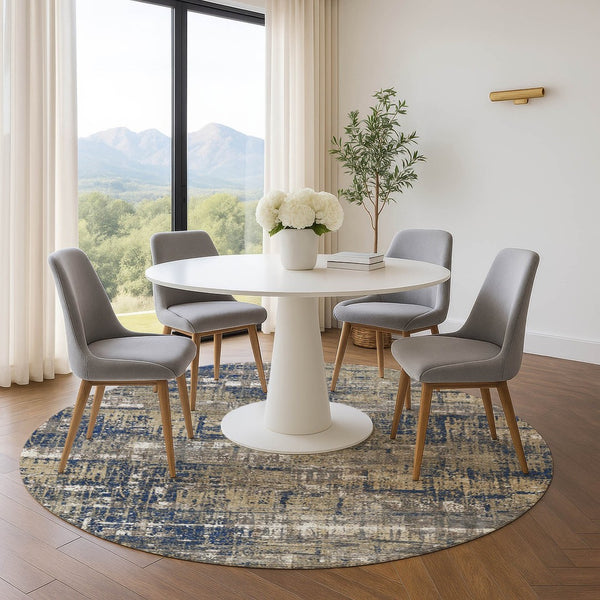 HomeRoots 8' X 10' Navy Blue, Taupe & Beige Geometric Area Rug - Washable, Stain-Resistant, UV Protected! 709718