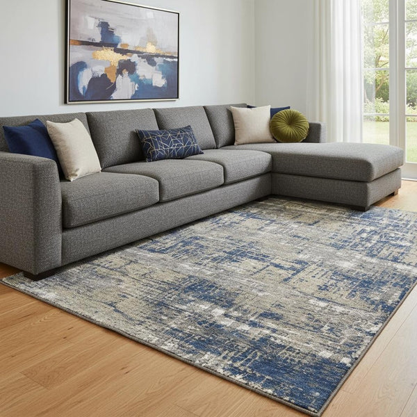 HomeRoots 9' X 12' Washable Geometric Area Rug in Navy Blue, Taupe & Beige - UV Protection & Non-Slip Backing 709719