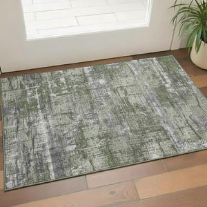 HomeRoots 5' X 8' Olive Green Ivory Gray Geometric Washable Area Rug with UV Protection for Modern Spaces 709722