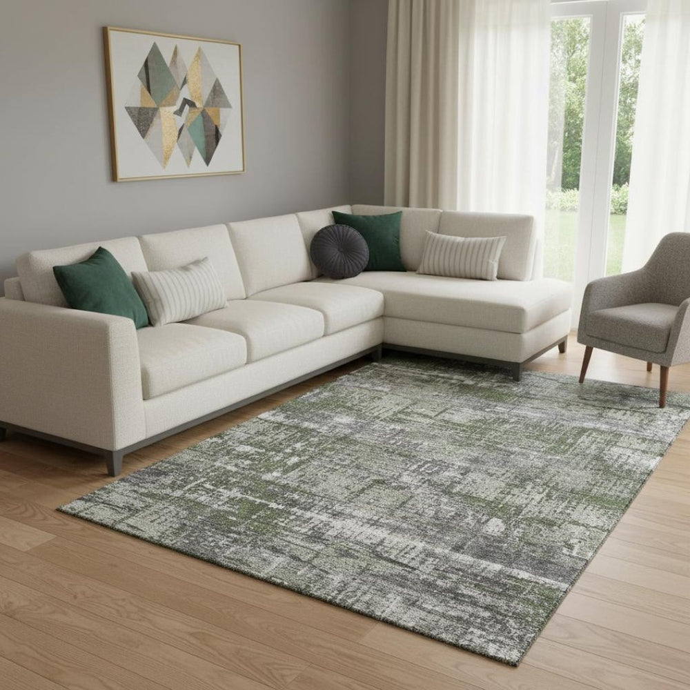 HomeRoots 9' X 12' Olive Green Geometric Area Rug - Washable, UV-Protected, Stain-Resistant for Busy Homes! 709725