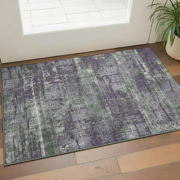 HomeRoots 5' Vibrant Purple, Green & Ivory Geometric Washable Area Rug with UV Protection for Active Homes 709728