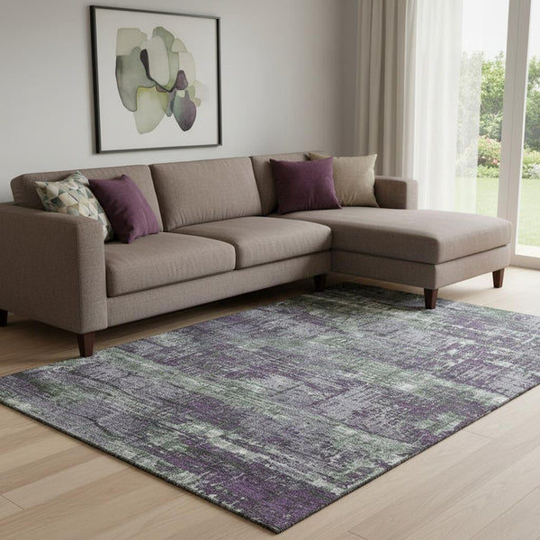 HomeRoots 9' X 12' Stylish Purple Green Ivory Geometric Area Rug - Washable, UV Protected, Pet-Friendly Design 709731