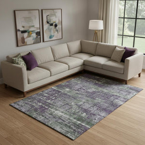 HomeRoots 10' X 14' Geometric Area Rug in Purple, Green & Ivory - Washable, UV-Protected, Stylish & Durable! 709732