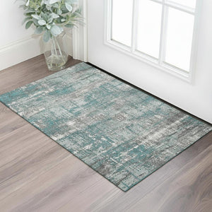 HomeRoots 5' X 8' Stylish Teal Gray Ivory Geometric Area Rug - Washable, UV Protected, Pet-Friendly & Durable 709734