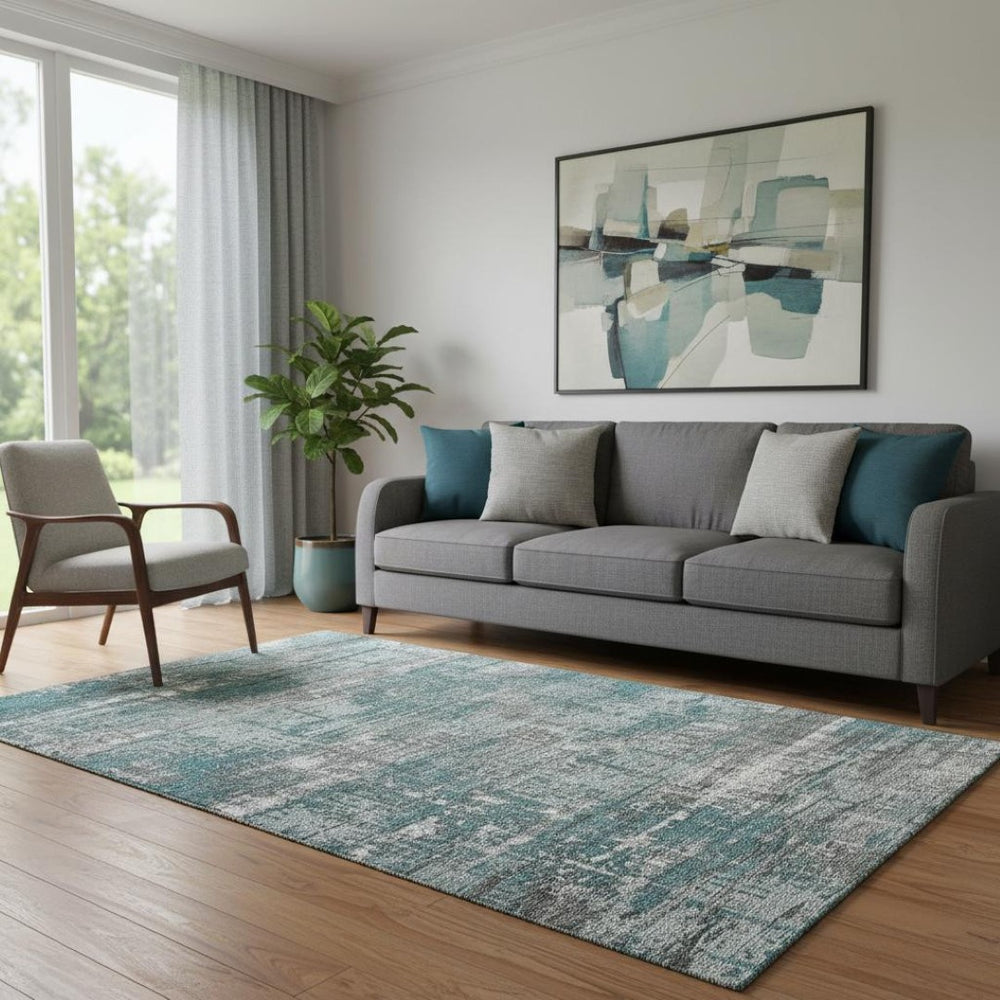 HomeRoots 8' Teal Gray and Ivory Geometric Round Rug – Washable, UV Protected, Perfect for Family Spaces! 709735