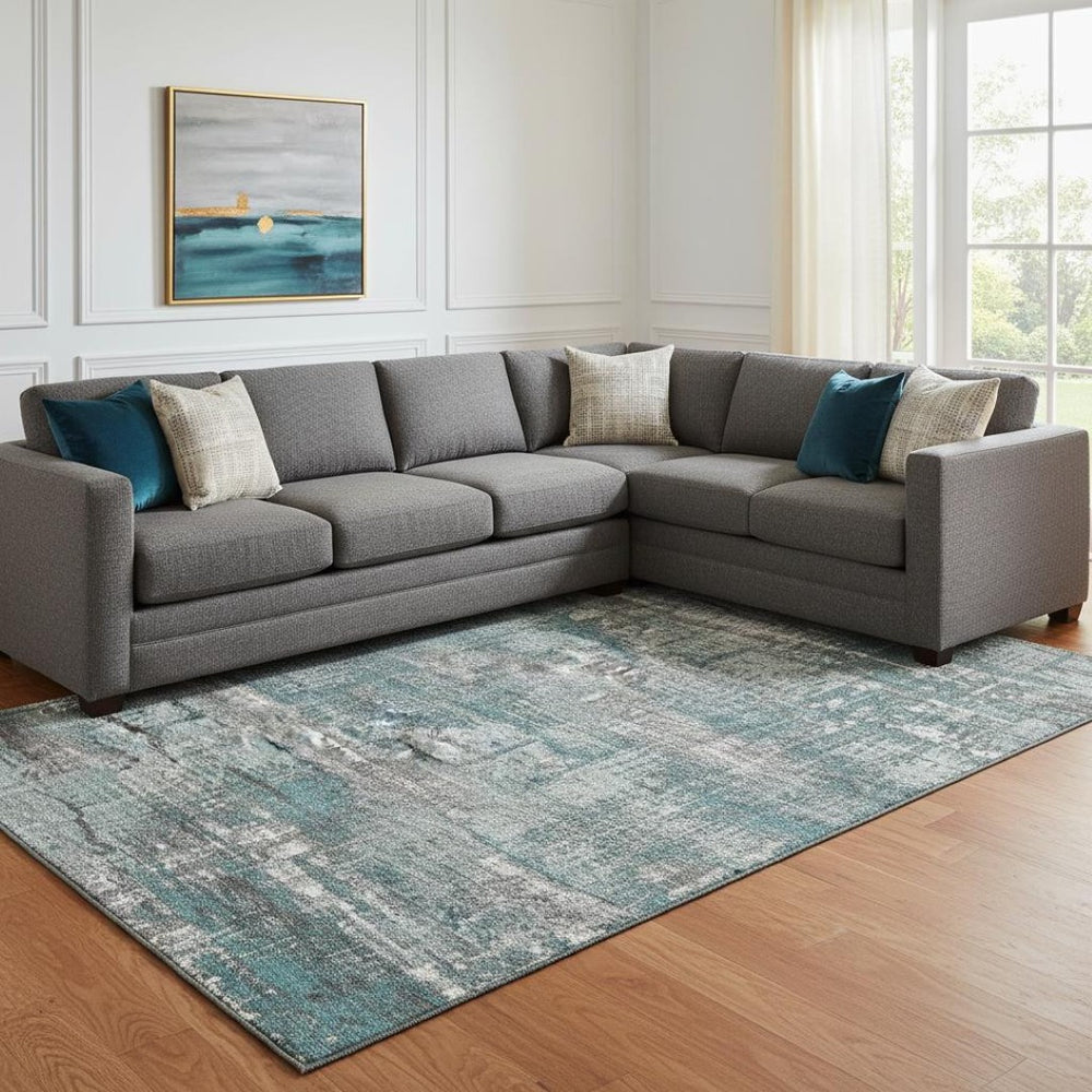 HomeRoots 9' X 12' Teal Gray Ivory Geometric Area Rug - Easy-Care, UV Protected, Stylish for Modern Homes 709737