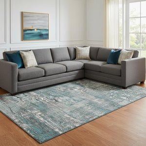 HomeRoots 9' X 12' Teal Gray Ivory Geometric Area Rug - Easy-Care, UV Protected, Stylish for Modern Homes 709737