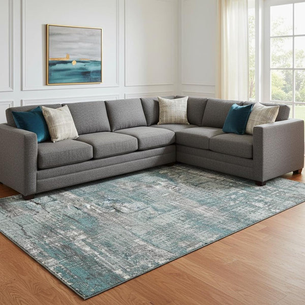 HomeRoots 9' X 12' Teal Gray Ivory Geometric Area Rug - Easy-Care, UV Protected, Stylish for Modern Homes 709737