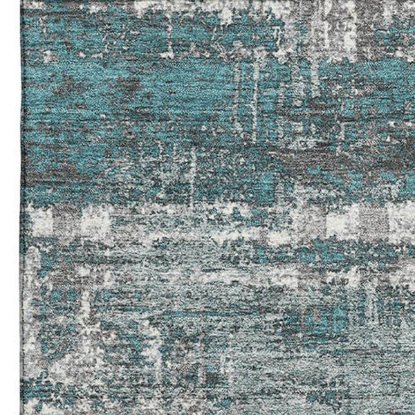 HomeRoots 9' X 12' Teal Gray Ivory Geometric Area Rug - Easy-Care, UV Protected, Stylish for Modern Homes 709737