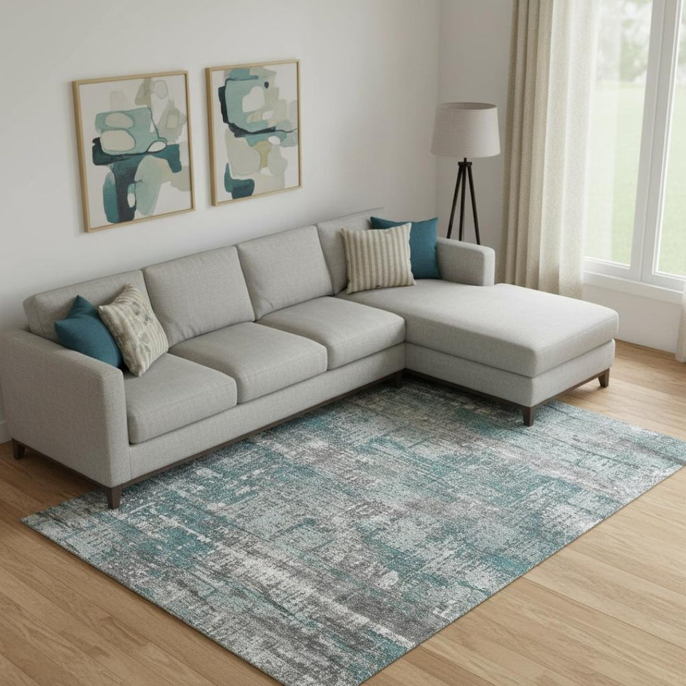 HomeRoots 10' X 14' Teal Gray Ivory Geometric Area Rug - Washable, UV Protected, Stain Resistant for Busy Homes 709738