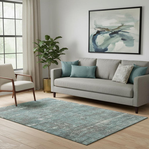 HomeRoots 8' Stylish Taupe, Teal & Ivory Geometric Washable Round Rug with UV Protection for Busy Homes 709741