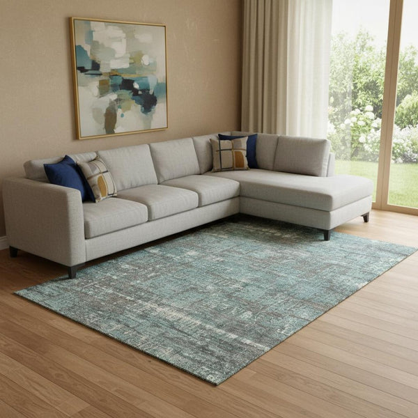 HomeRoots 9' X 12' Stylish Taupe Teal Ivory Geometric Washable Area Rug with UV Protection for High Traffic Areas 709743