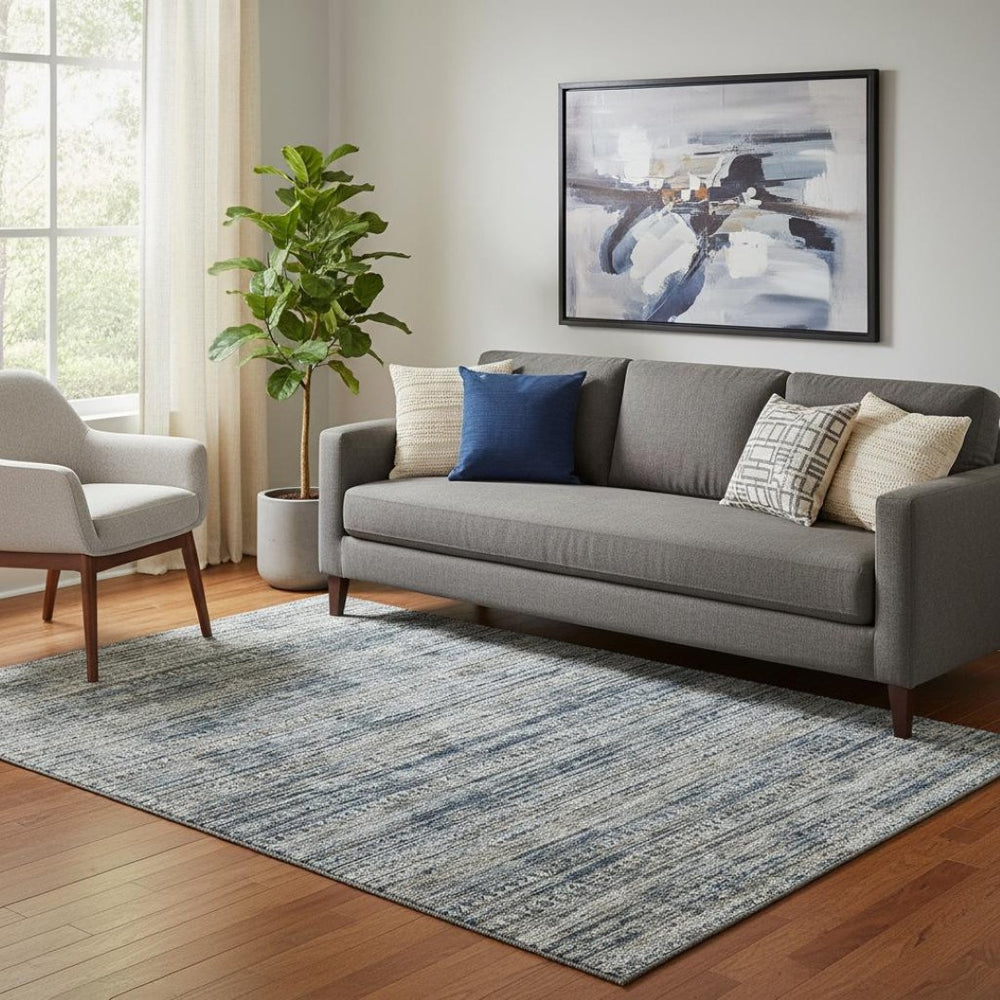 HomeRoots 8' Washable Round Rug in Denim Blue, Ivory & Khaki – Durable, UV-Protected, Stain-Resistant Design! 709747