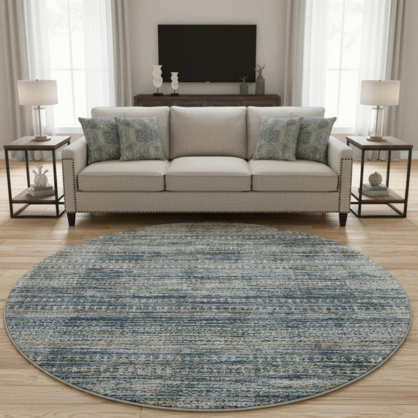 HomeRoots 8' X 10' Washable Denim Blue, Ivory & Khaki Striped Area Rug with UV Protection for Busy Homes 709748