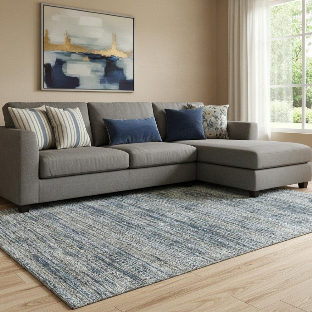 HomeRoots 9' X 12' Stylish Denim Blue and Ivory Striped Washable Area Rug with UV Protection for Durability 709749