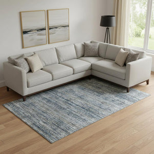 HomeRoots 10' X 14' Striped Area Rug in Denim Blue, Ivory & Khaki - Stain Resistant, UV Protected, Durable Design 709750
