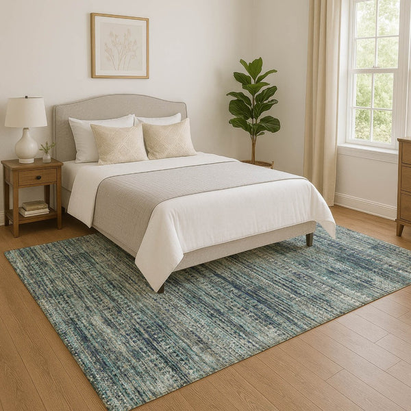 HomeRoots 5' X 8' Stylish Teal, Taupe & Beige Striped Area Rug - Washable, UV-Protected, Durable & Non-Slip! 709752