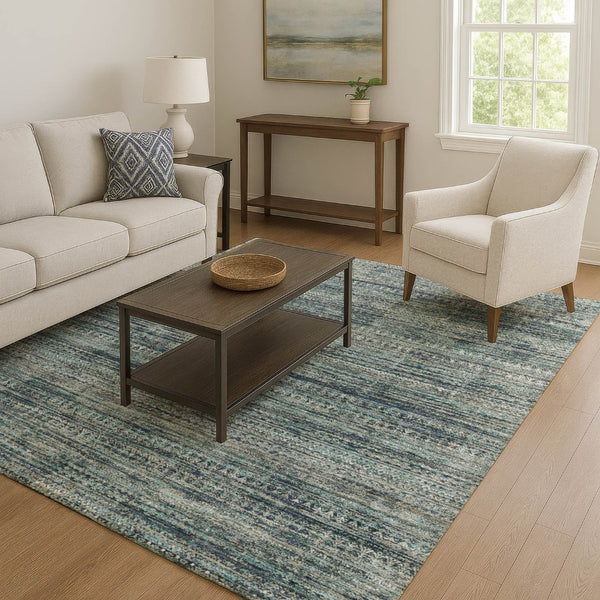 HomeRoots 5' X 8' Stylish Teal, Taupe & Beige Striped Area Rug - Washable, UV-Protected, Durable & Non-Slip! 709752
