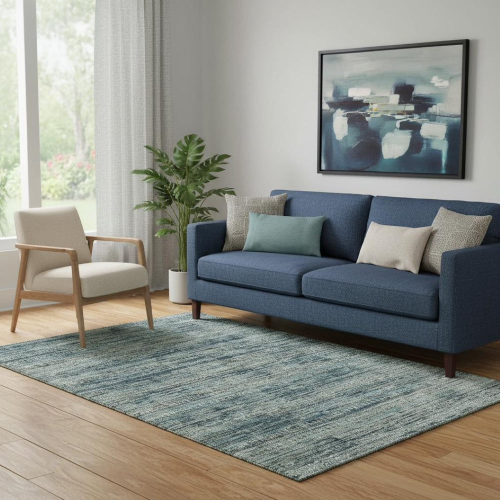 HomeRoots 8' Striped Washable Round Rug in Teal, Taupe & Beige – UV Protected, Non-Slip, Stain Resistant! 709753