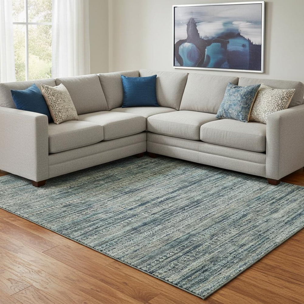 HomeRoots 9' X 12' Stylish Teal Taupe Beige Striped Washable Area Rug with UV Protection for High-Traffic Areas 709755