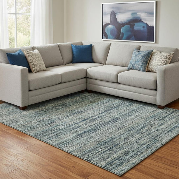 HomeRoots 9' X 12' Stylish Teal Taupe Beige Striped Washable Area Rug with UV Protection for High-Traffic Areas 709755